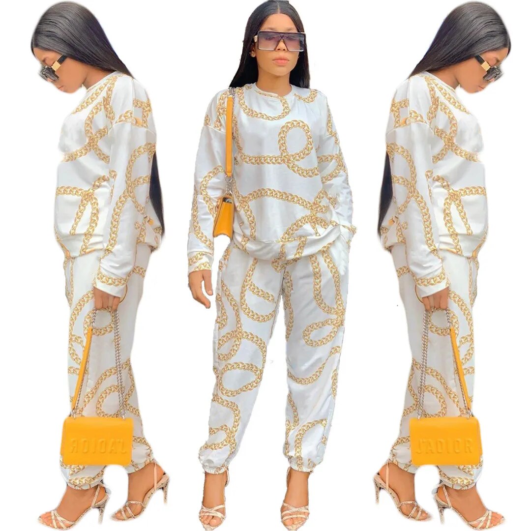 Chain Link Print O-Neck Long Sleeve Top + Leggings 2-Piece Set