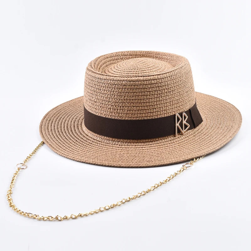 Straw Gold Chain Women's Ribbon Decor Fedora Hat