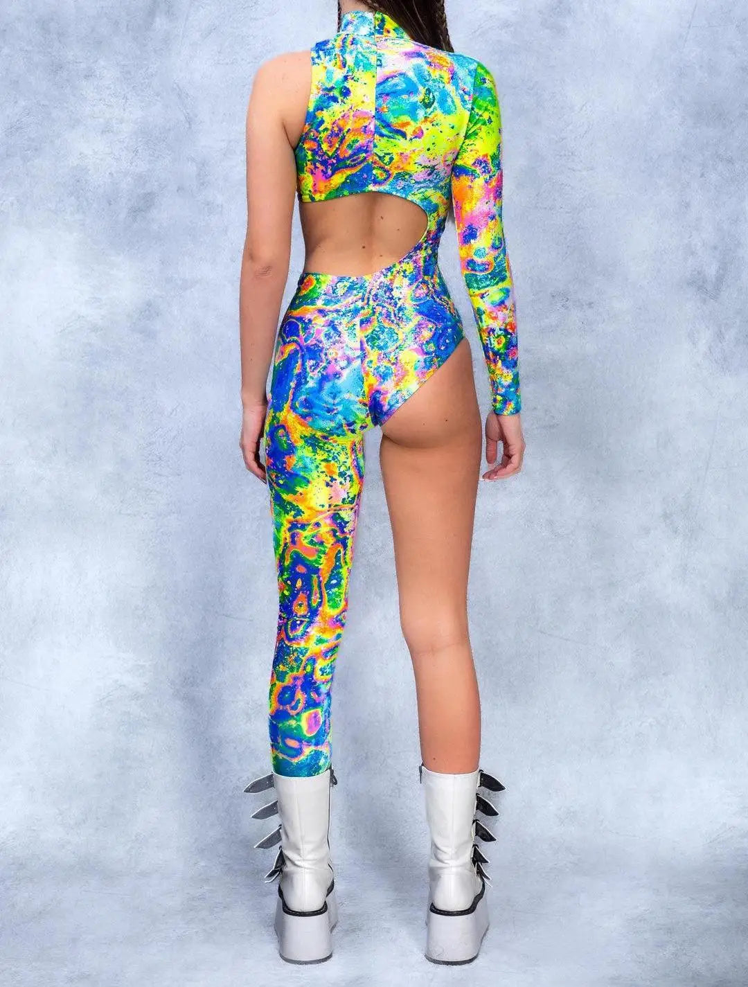 Irregular Asymmetrical One Sleeve Rainbow Geometric Striped Floral Hollow-Out 3D Print One Leg Jumpsuit to 3X Plus Size