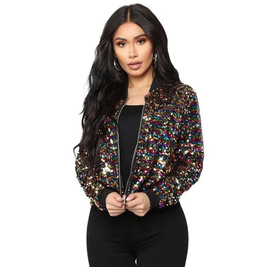 Gradient Sequin Beaded Embroidered Sequined Zipper Bomber Jacket