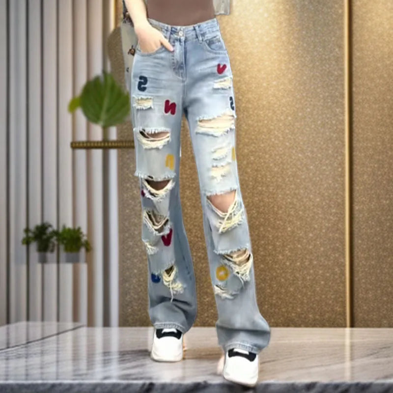 Denim Patch Varsity Style Embroidered Ripped Faded Washed Women's Hip-Hop Streetwear Jeans