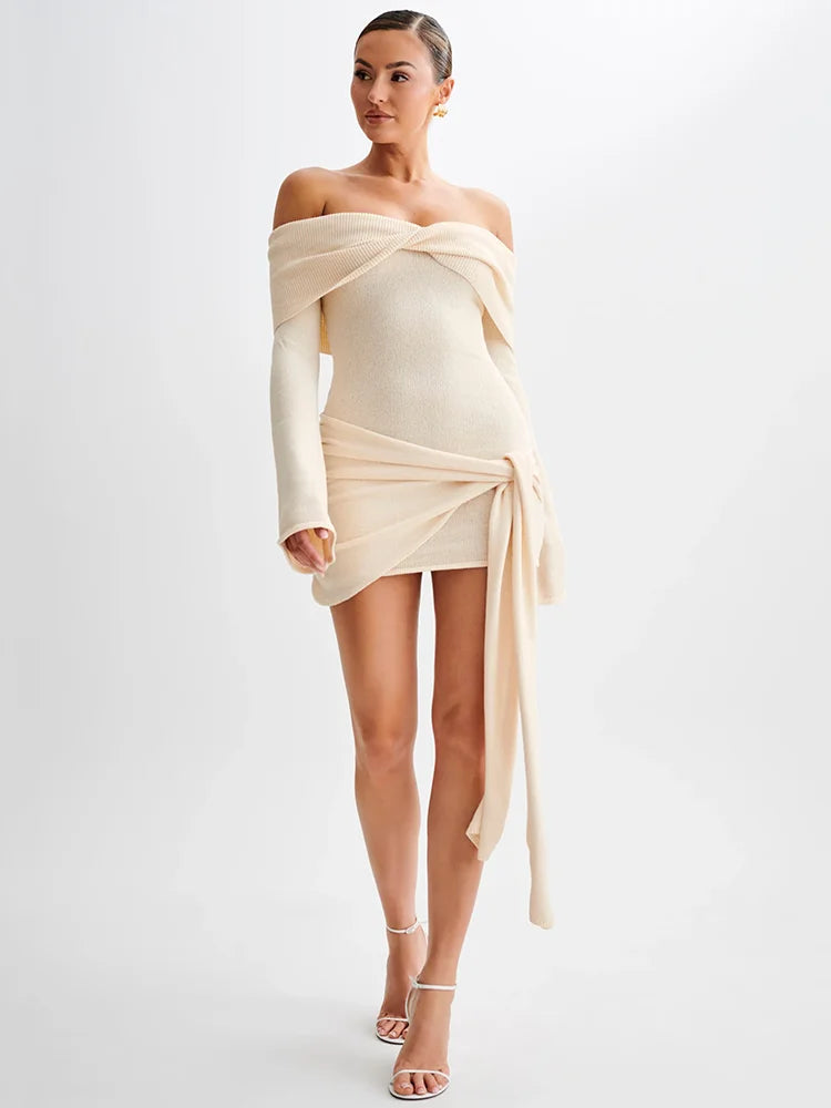 Off-the-Shoulder Knitted Strapless Backless Long Sleeve Ruched Draped Knitted Mini Dress