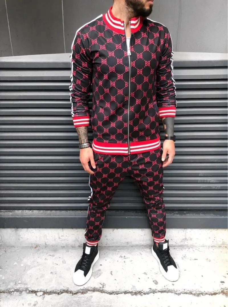 Velvet Monogram Side Striped Print O-Neck Sweat Jacket + Sweatpants Tracksuit