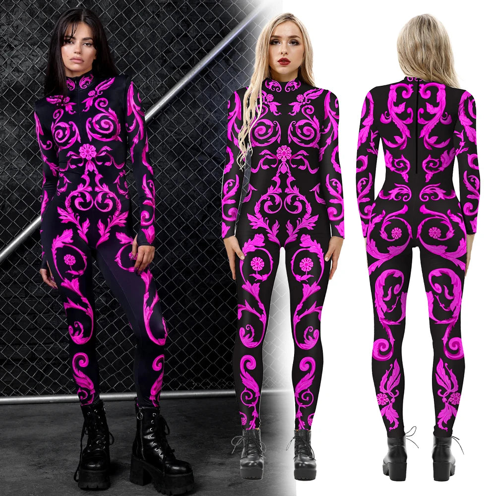 Geometric Striped Print Skin Tight Long Sleeve Cosplay Women's Jumpsuits
