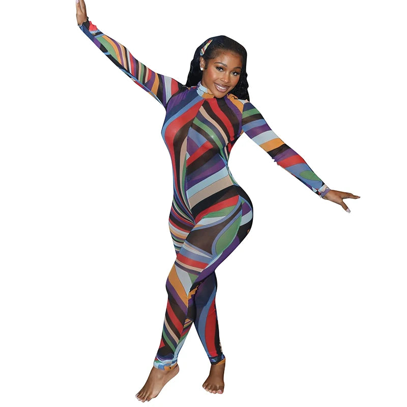 Rainbow Striped Colorblock Back Zipper Design Half-High Collar Skinny Jumpsuit