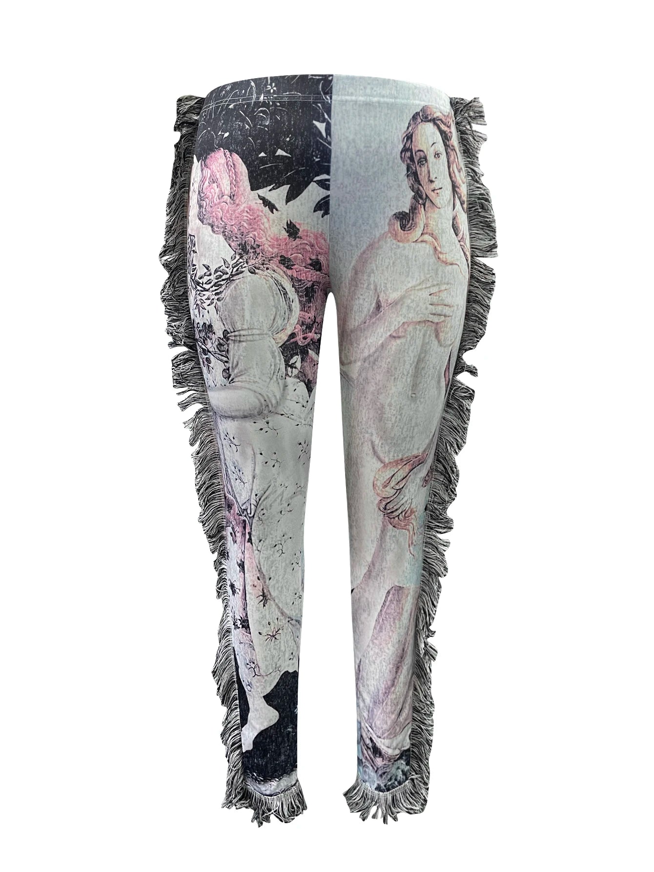 Art Portrait Pattern High Waist Tassel Design Flared Women's High Waist Skinny Jeans to 5X