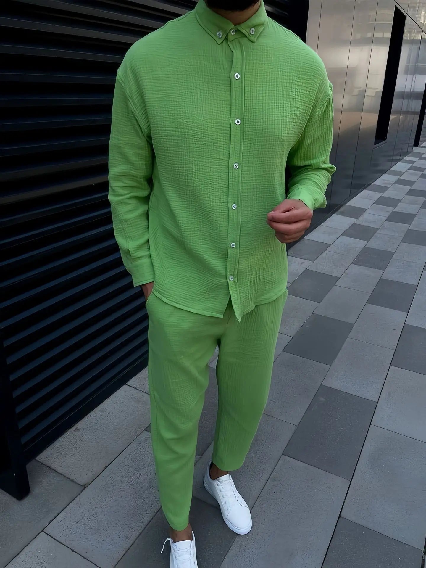 Men's Solid Color Long Sleeve Button Down Turn-Down Collar Shirt + Drawstring Pants 2-Piece Set