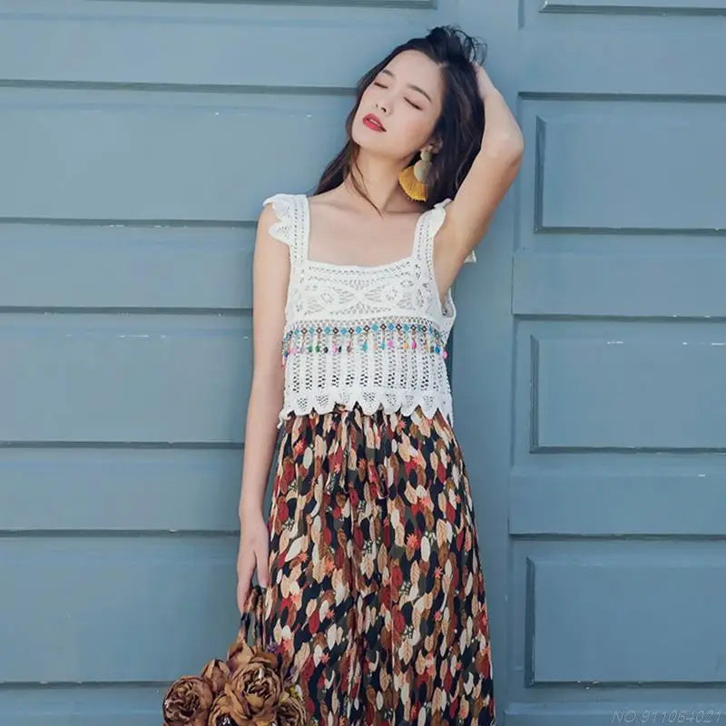 Crochet Multi-Colored Square Flower Design Knitted Square Neck Women's Sleeveless Cropped Tank Top
