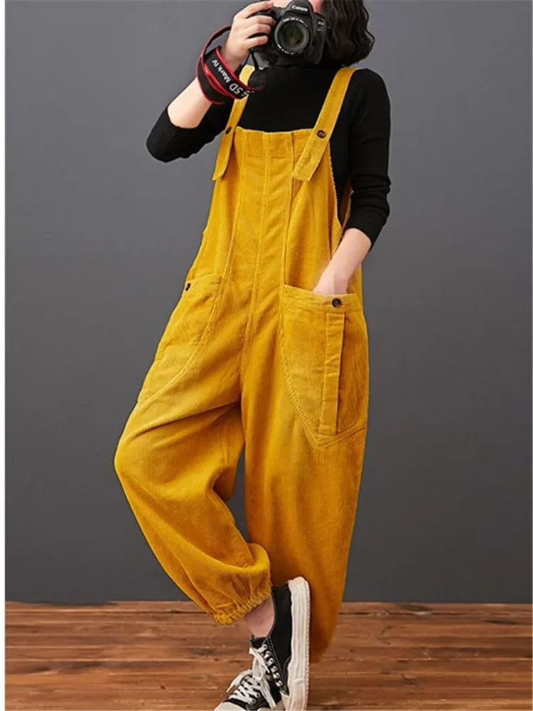 Corduroy Women's Solid Color Loose Rompers Pocketed Wide Leg Overall Jumpsuit