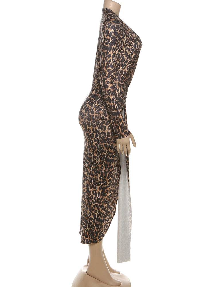 Leopard Print Deep V-Neck Ruched Maxi Ribbon Design Hollow-Out Long Sleeve Bodycon High Slit Maxi Club Dress