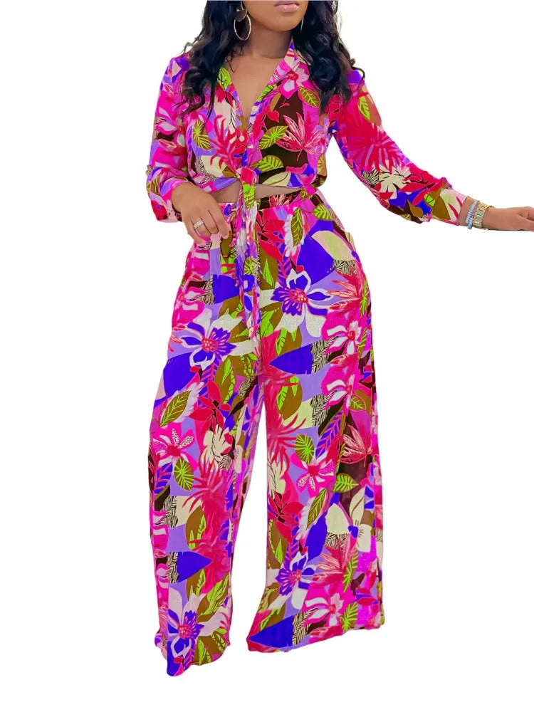 Tropical Pastel Flower Print Long Sleeve Blouse + Wide Leg Women's Trouser Pants 2-Piece Set