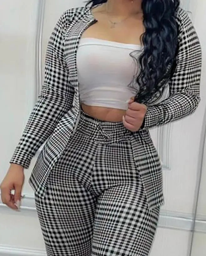 English Plaid Print Long Sleeve Open Front Blazer & Tied Detail Skinny Pants 2-Piece Ladies Suit