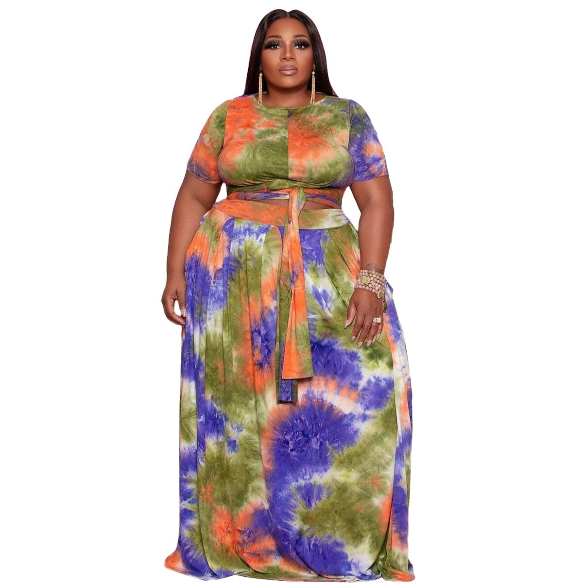 Tie-Dye/Plaid/Colorblock/Geometric/Floral/Polka Dot O-Neck Ladies Crop Top + Maxi Skirt 2-Piece Set to 5X Plus Size