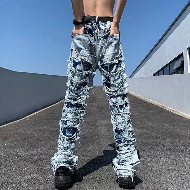 Men's Denim Ripped Fringe Grunge Y2K Streetwear Stacked  Hip-Hop Skinny Jeans