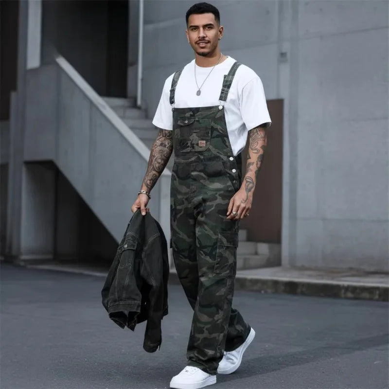 Men's Denim Sleeveless Camoflauge Jean Overalls