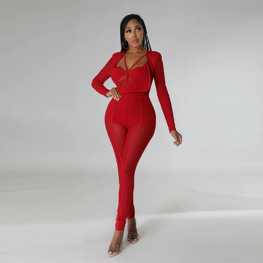 Sheer Transparent Corset Design Long Sleeve V-Neck Solid Color High Waist Jumpsuit