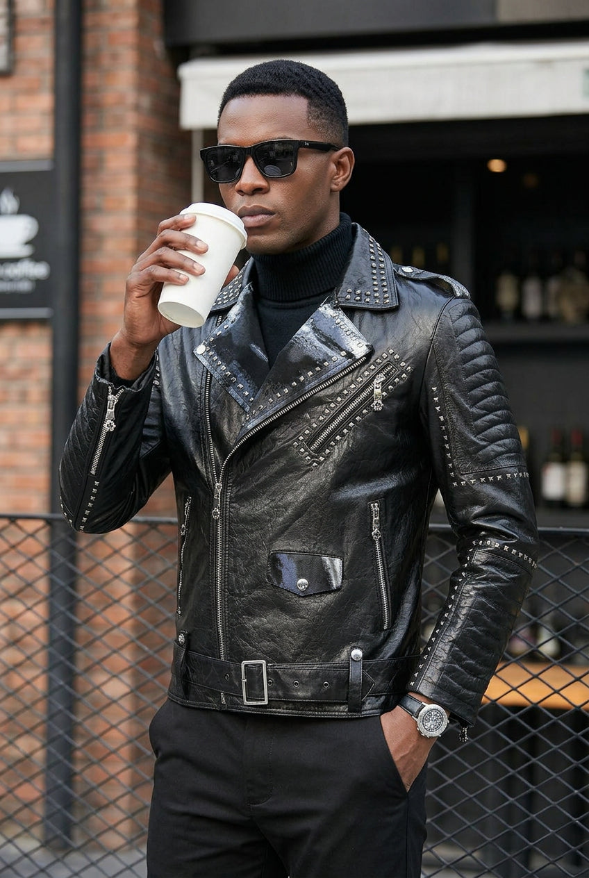 Men's Black Punk Hip-Hop 100% Cowhide Real Leather Rivet Back Airbrush Design Biker Jacket