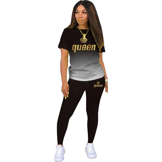 Metallic "Queen" Gold Ombre Gradient Colorblock Print Short Sleeve T-Shirt + Leggings 2-Piece Set to 5X