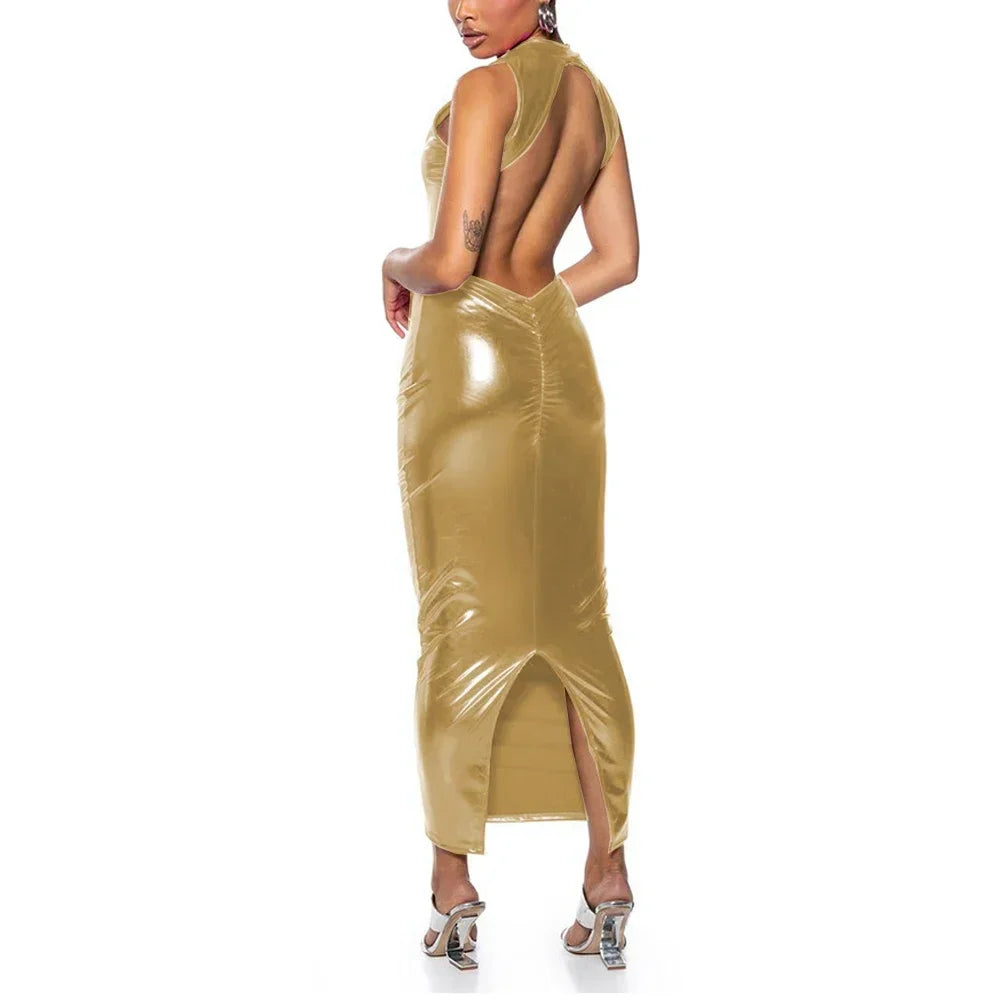 Shiny PU Leather Metallic Backless Sleeveless High Back Slit Bodycon Formal Maxi Party Dress to 3X Plus Size