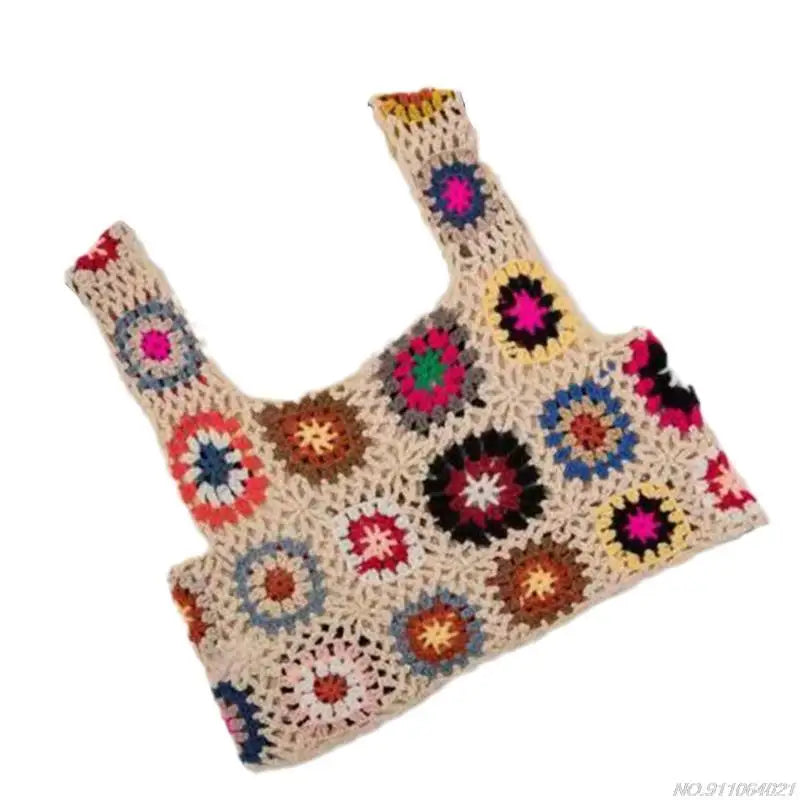 Crochet Multi-Colored Square Flower Design Knitted Square Neck Women's Sleeveless Cropped Tank Top