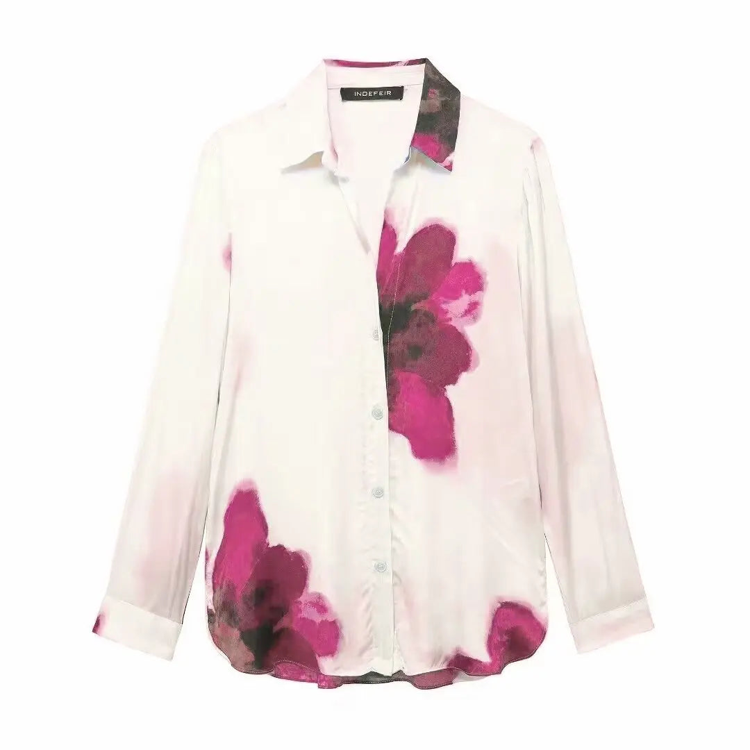 Floral Stain Print Button-Up Blouse + Elastic Waist Wide Leg Pants Women's Casual 2-Piece Sets