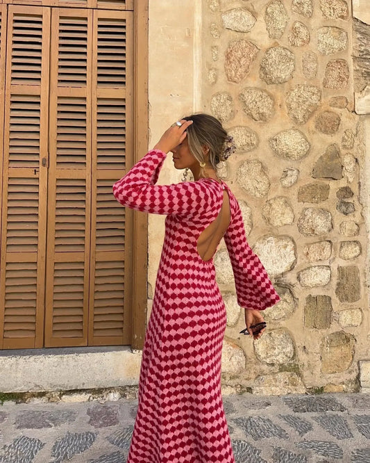 Plaid Knitted Backless Flared Long Sleeve Maxi Sweater Dress