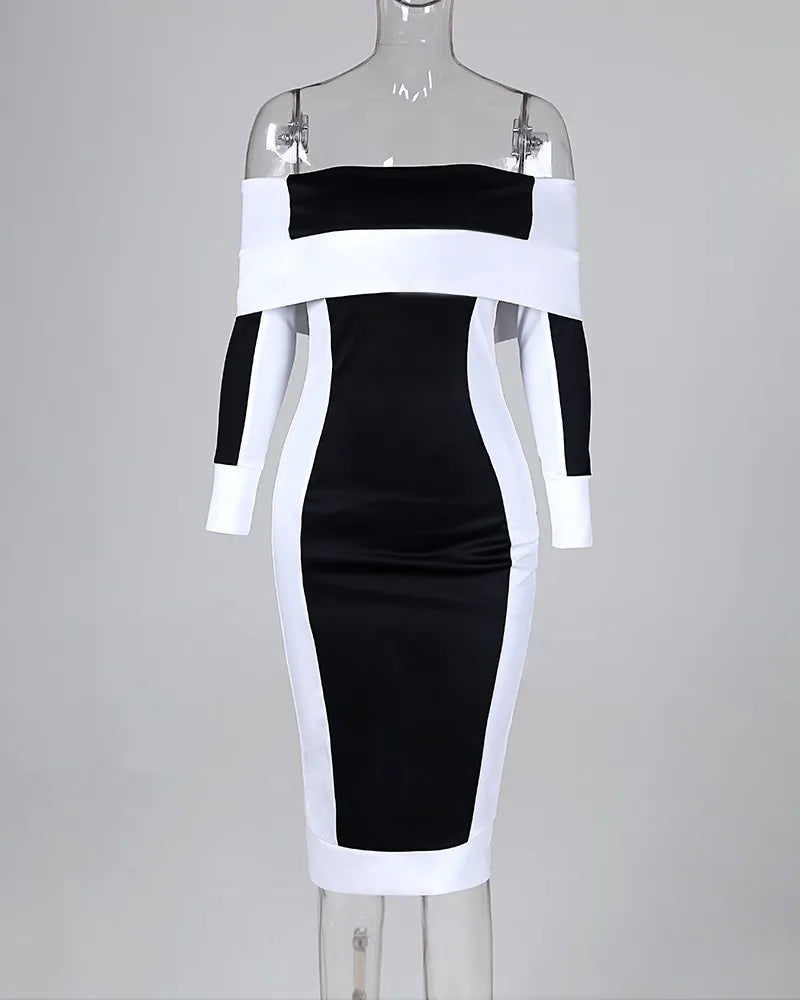 Striped Colorblock Slim Long Sleeve Off Shoulder Dress