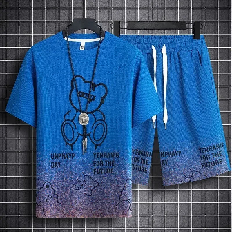 Men's Teddy Bear Print Waffle 3D Graphic Short Sleeve O-Neck T-Shirt + Drawstring Striped Hem Shorts 2-Piece Set