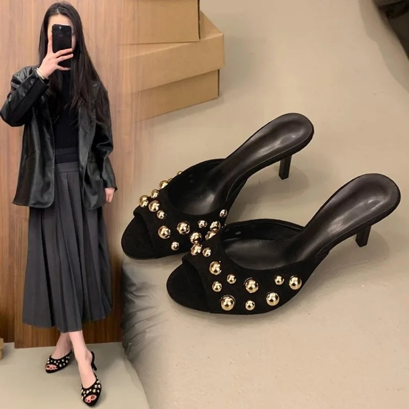 Gold Bead Design Peep Toe Shallow Women's Slip-On Mules