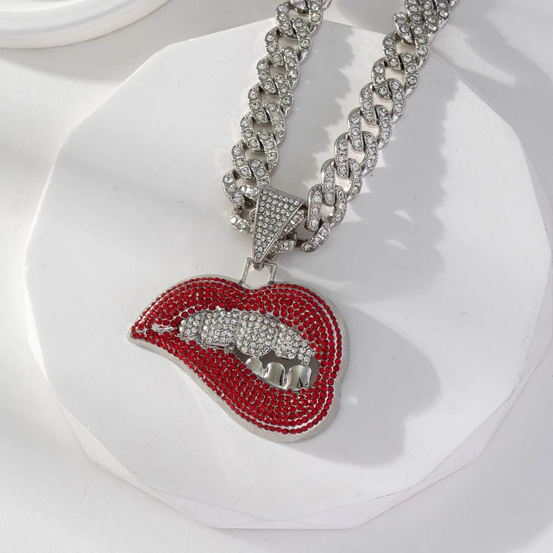 Red Bite Lip Pendant Crystal Iced Out Hip-Hop Cuban Link Chain Necklace