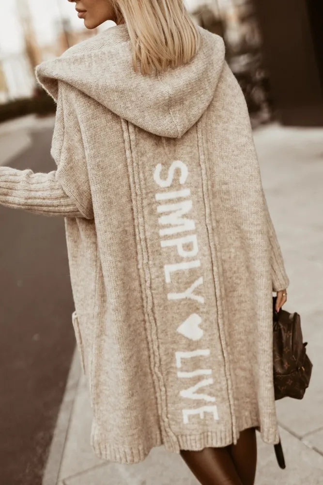 "Simply Live" Letter Heart Print Knitted Maxi Cardigan Hoodie Sweater