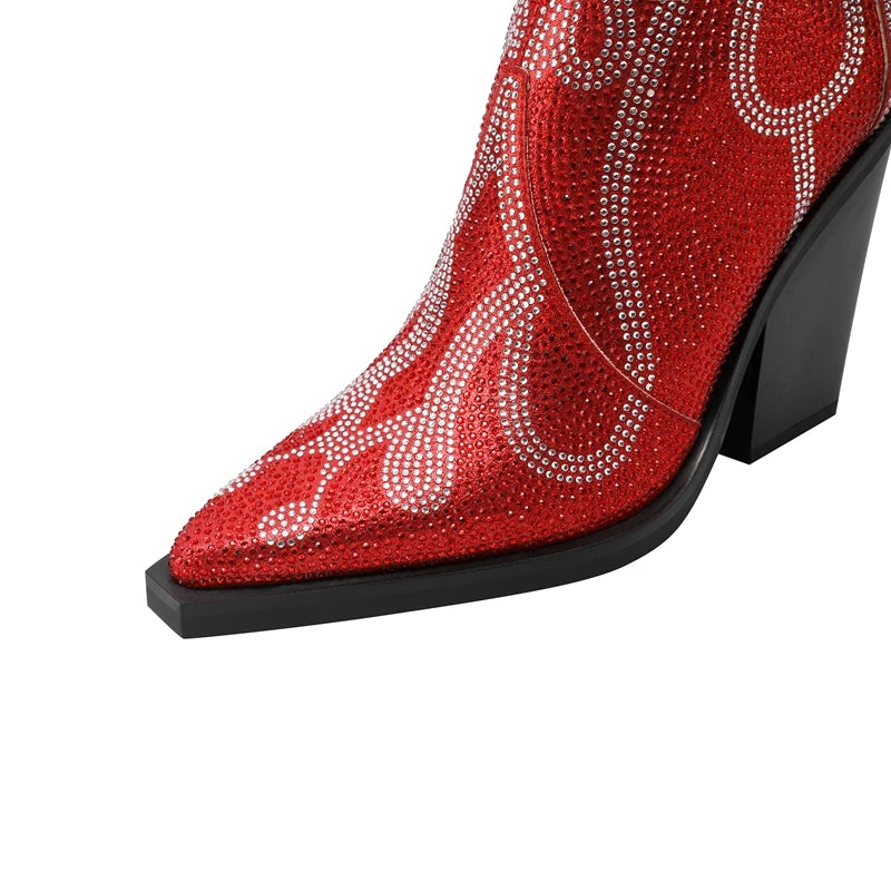 Rhinestone Metallic Ripped Flame Thrower Design Pointed Toe Wedge Heel Women's Knee-High Western Cowgirl Boots