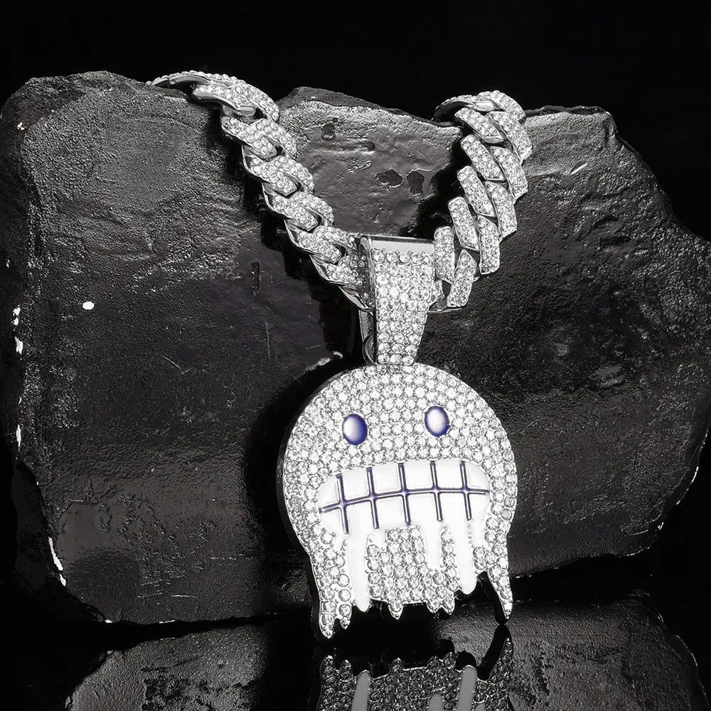 Smiley Face Pendant Cubic Zirconia Paved Hip-Hop Pendant Cuban Iced Out Bling CZ Chain