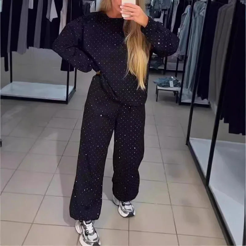 Rhinestone Glitter Women's O-Neck Pullover Sweatshirt Lace-Up Pants Tracksuit