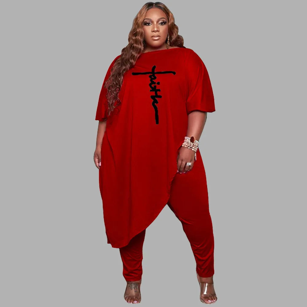 "Faith" Oversized Mid-Sleeve Plus Size Slanted Shoulder Embroidered Maxi Shirt + Leggings Matching 2-Piece Set to 5X