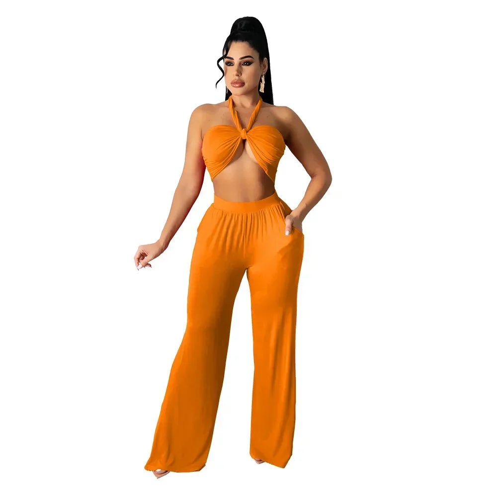 Strapless Hollow-Out  Hatler Neck Crop Top + Leggings Bodycon Solid Color Women's 2-Piece Set