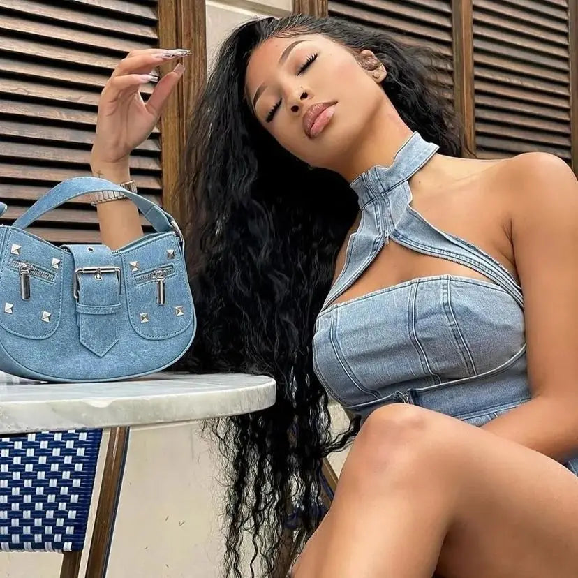 Denim Light Blue Washed Sleeveless Hollow-Out Zipper Neck Crop Cami Top + Belted Mini Jean Skirt Women's 2-Piece Set
