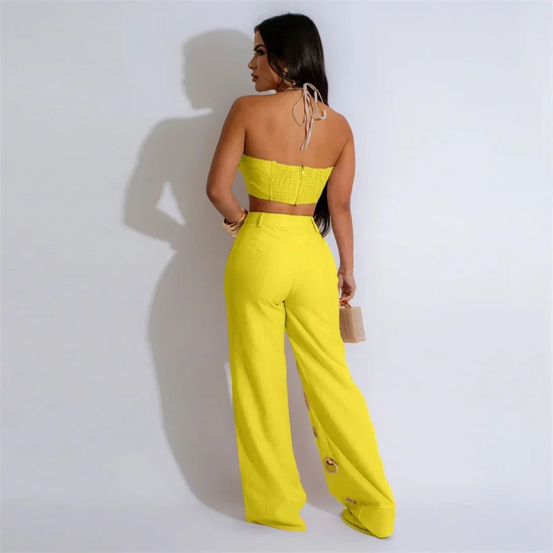 Strapless Women's Crop Halter Top + Hole Design Hollow-Out Wide Leg Pants 2-Piece Set