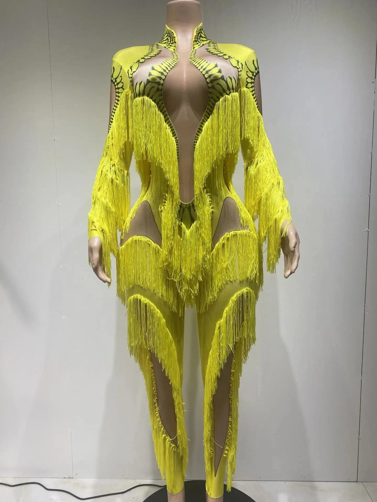 Yellow Long Sleeve Tassel Design Mesh Patchwork Printed Stretch Formal Stage Performance Jumpsuit