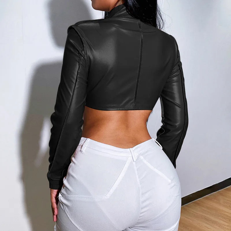 Cropped Mini Ladies Long Ruched Sleeve Zipper PU Leather Jacket