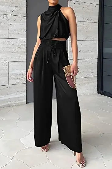 Sleeveless Turtleneck Ruched Crop Top + Bell Bottom Wide Leg Women's Pants 2-Piece Set