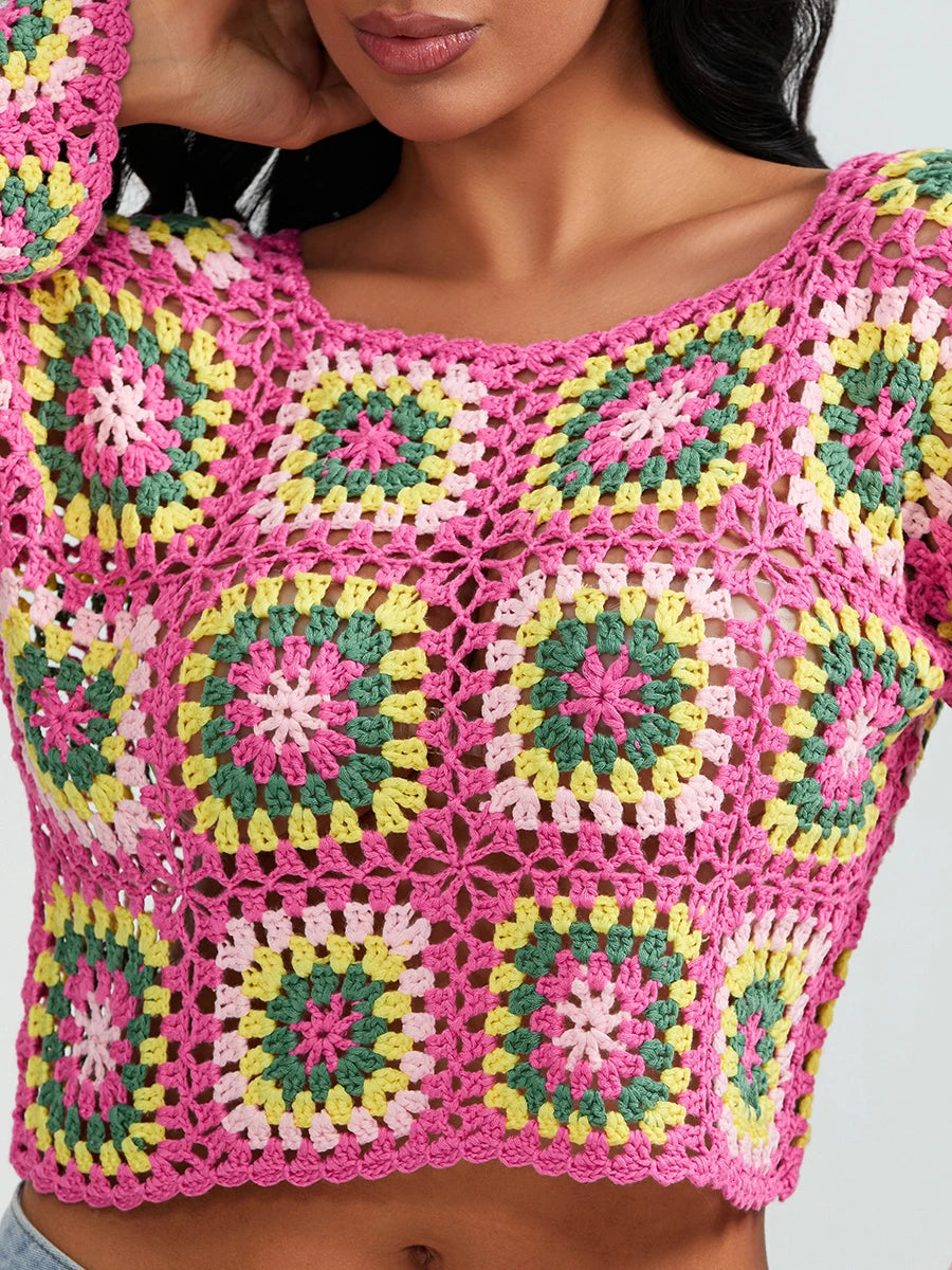 Crochet Square Floral Print Knitted Women’s Long Sleeve O-Neck Cropped Sweater