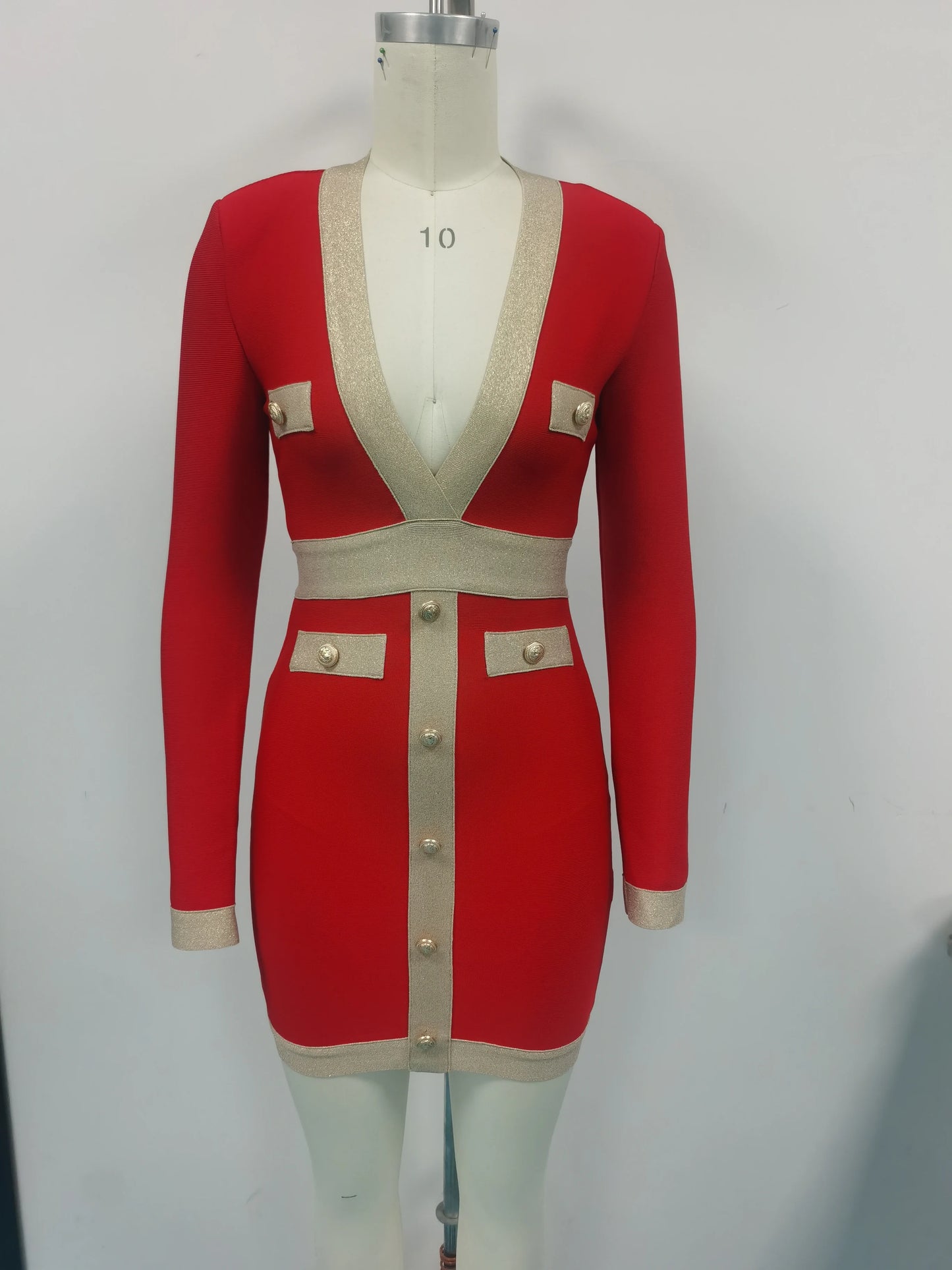 Gold Button Detail Colorblock Long Sleeve Deep V-Neck Bodycon Bandage Formal Party Dress