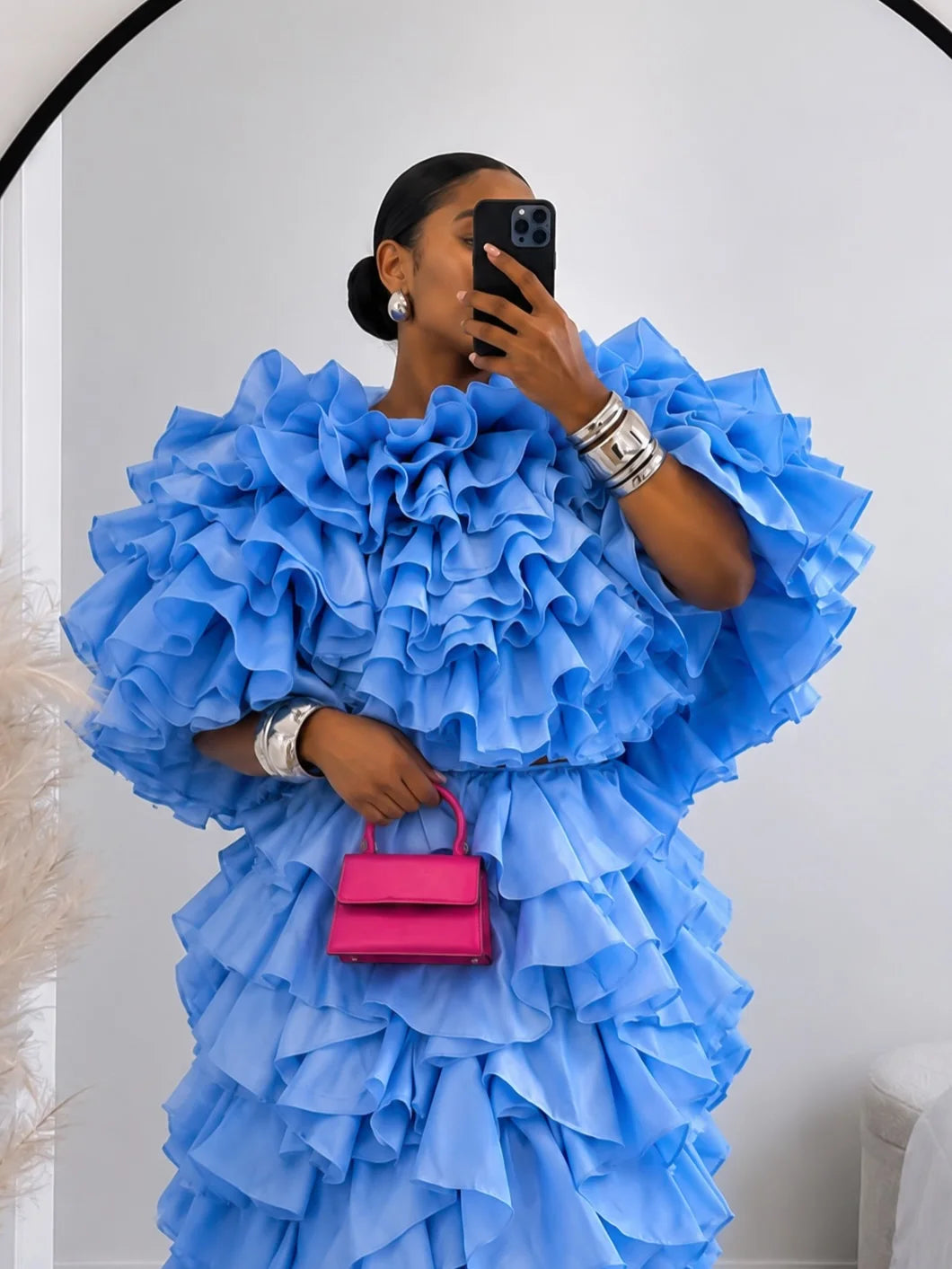 Blue Ruffled Oversized Puff Sleeve Women's Crop Top + Tiered Maxi Skirt Formal 2-Piece Set