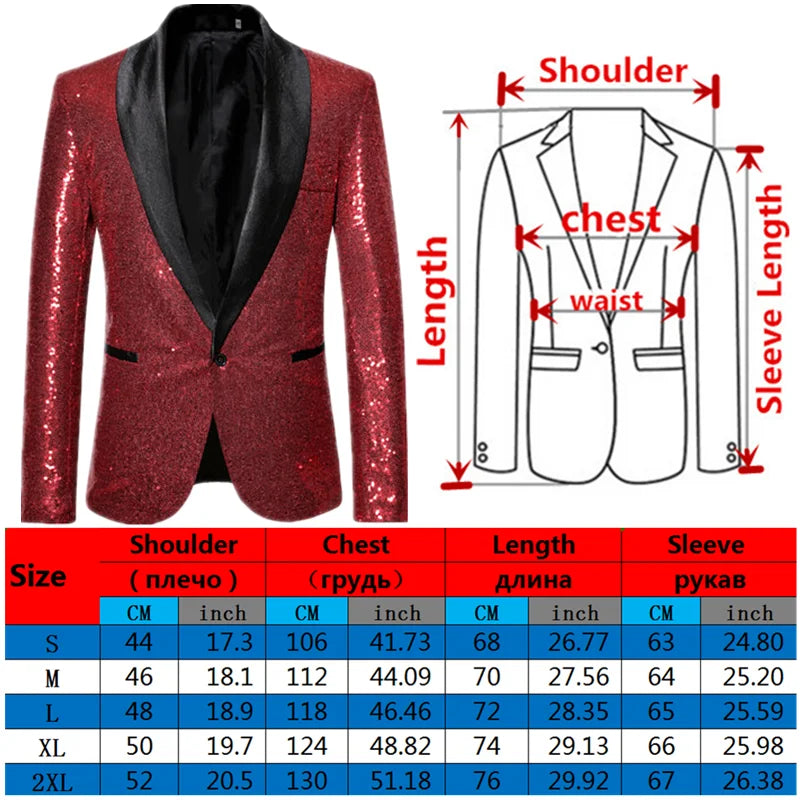 Men's Shiny Sequin Glitter Embellished Tuxedo Blazer Jacket