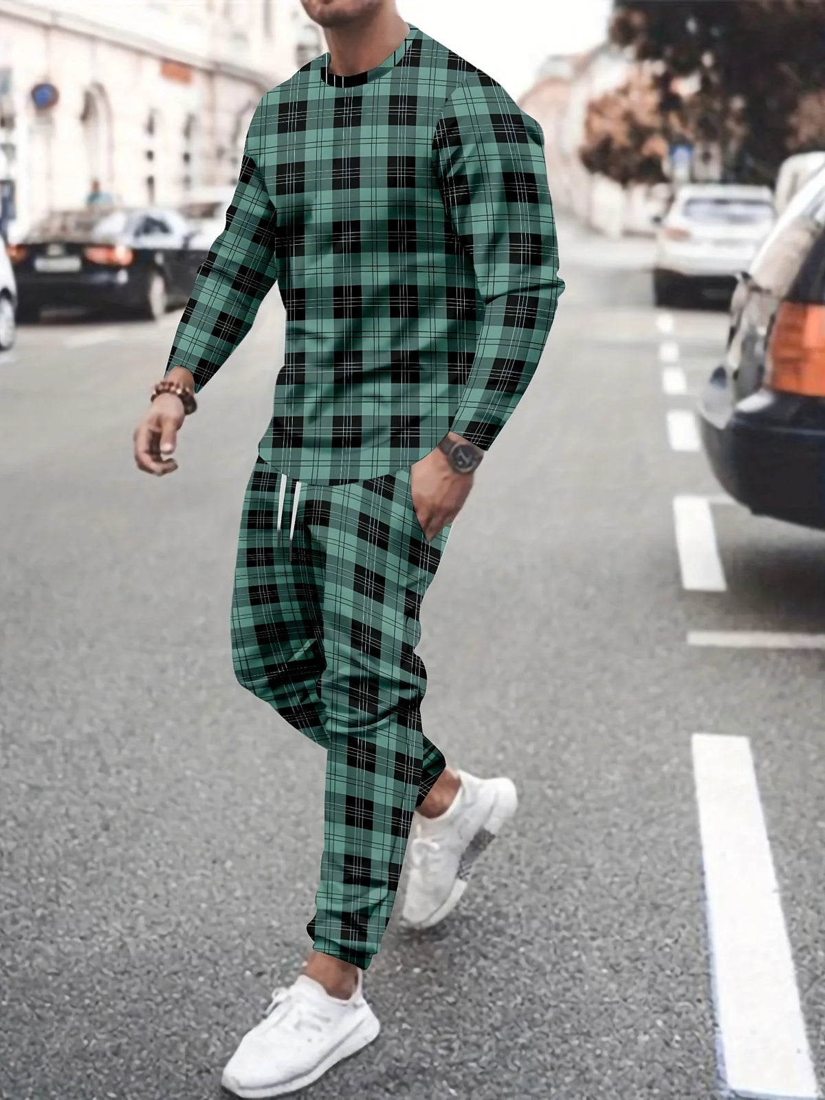 Men's Hip-Hop Rainbow/Gradient/Colorblock/Plaid Checker Print Long Sleeve T-Shirt + Pants Sportswear 2-Piece Set