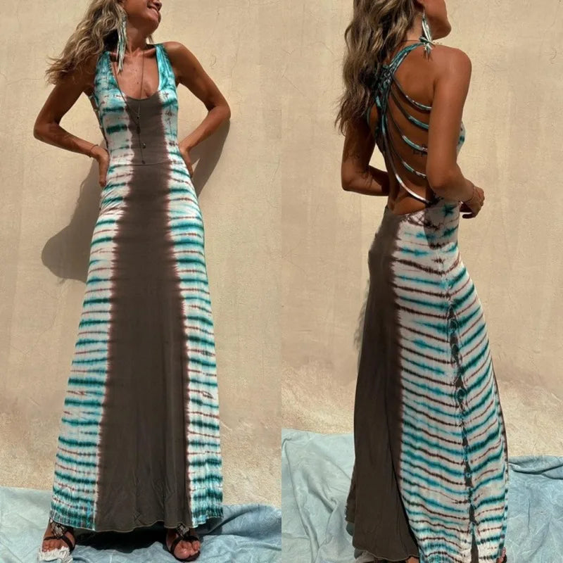 Striped Colorblock Print Backless Criss-Cross Strap Sleeveless Maxi Dress