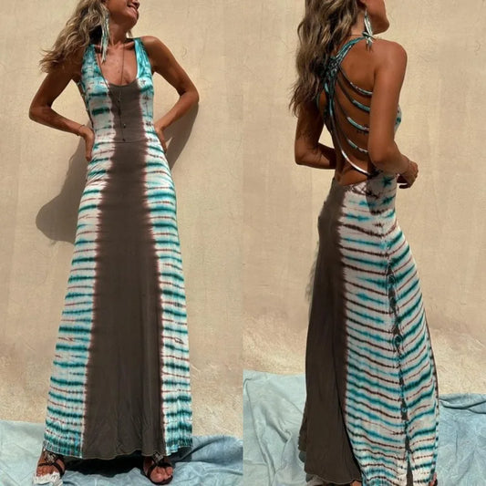 Striped Colorblock Print Backless Criss-Cross Strap Sleeveless Maxi Dress
