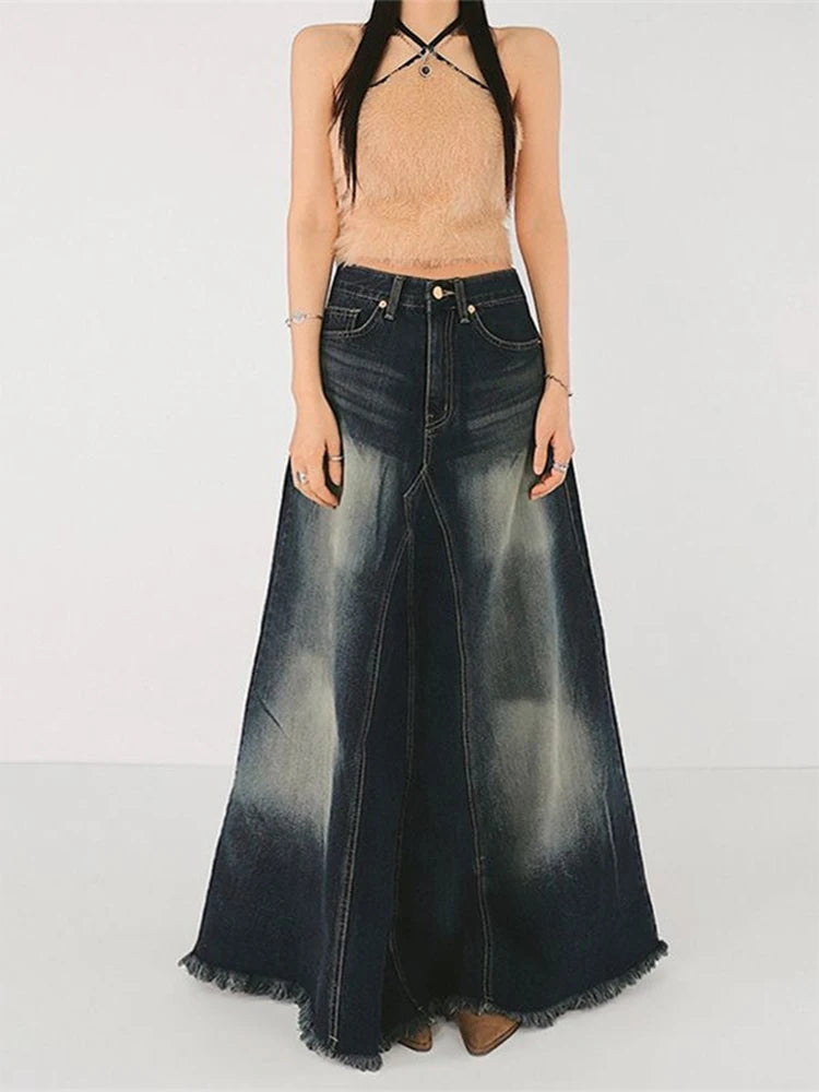 Denim Faded Colorblock Oversized Washed Blue A-Line Vintage Aesthetic Cowgirl Maxi Overlay Jean Skirt