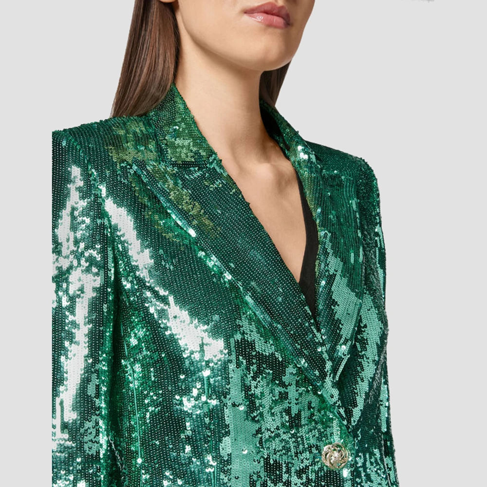 Metallic Sequined Single Button Temperament  Ladies Blazer + Matching Pants Suit